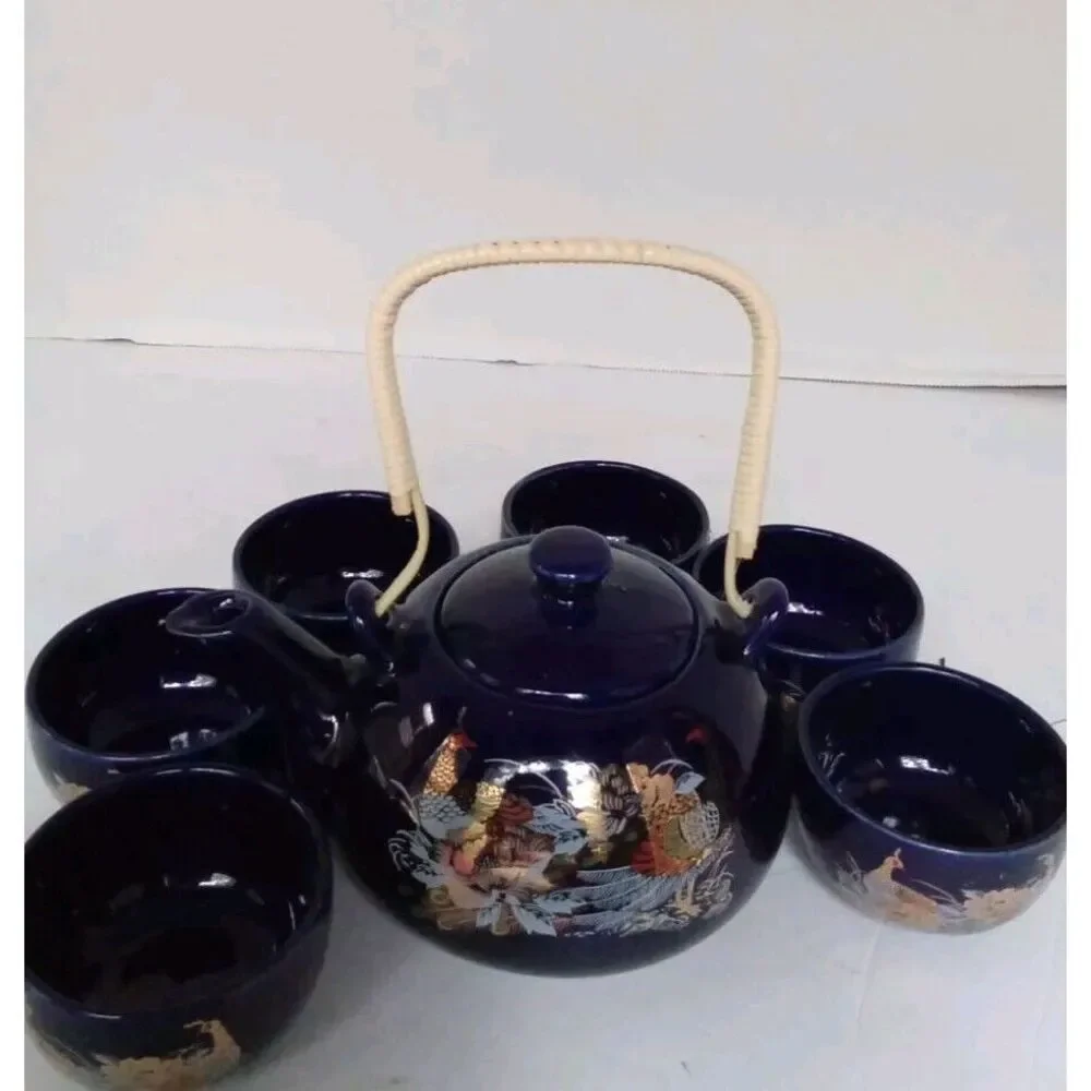 Traditional Japanese Tea Set with Dragon Design - 8 Piece Navy Blue Teapot & Cup